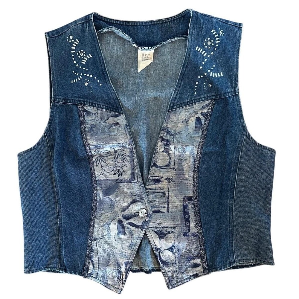City Girl Sport Vintage Denim‎ Vest Blue Rhinestone Floral Lurex Medium 90s Y2K